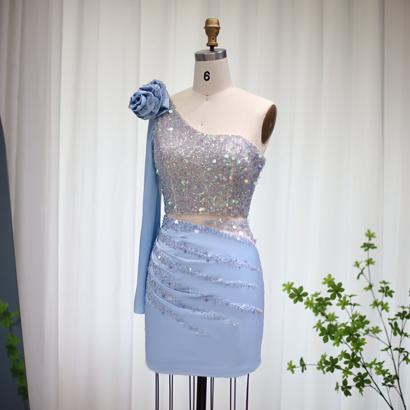 Luxury Sequin 3D Flower Blue Short Cocktail Party Dress RM006  Blue / US 20