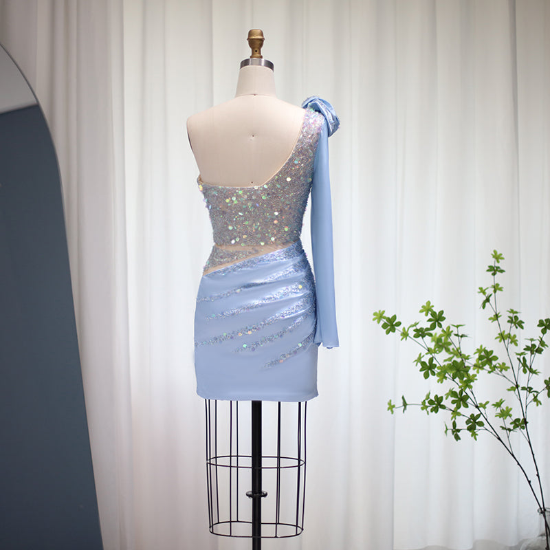 Luxury Sequin 3D Flower Blue Short Cocktail Party Dress RM006