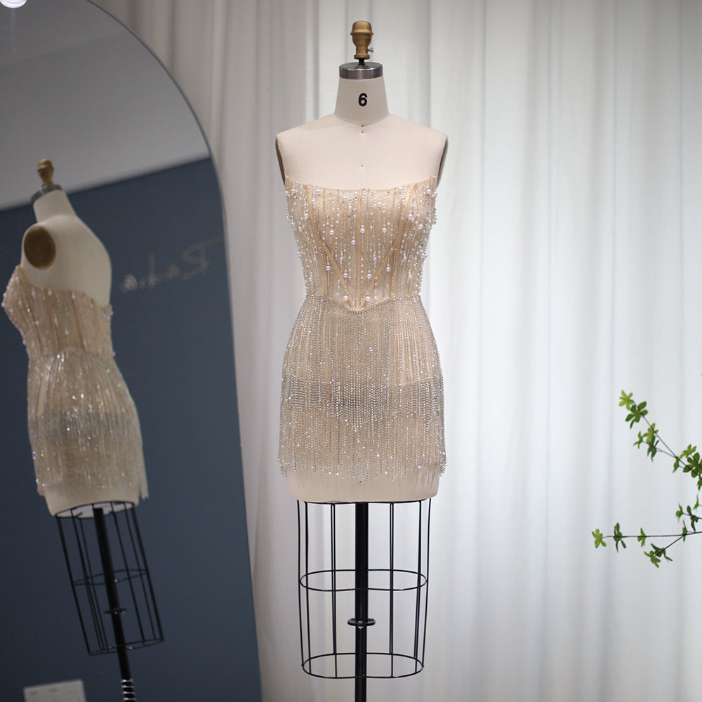 Luxury Pearls Tassels Strapless Cocktail Party Dress RM032  Nude / US 16