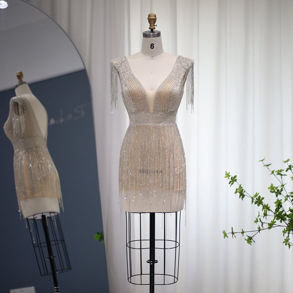 Luxury Beaded Tassel V-Neck Short Cocktail Dress RM043  Silver / US 16