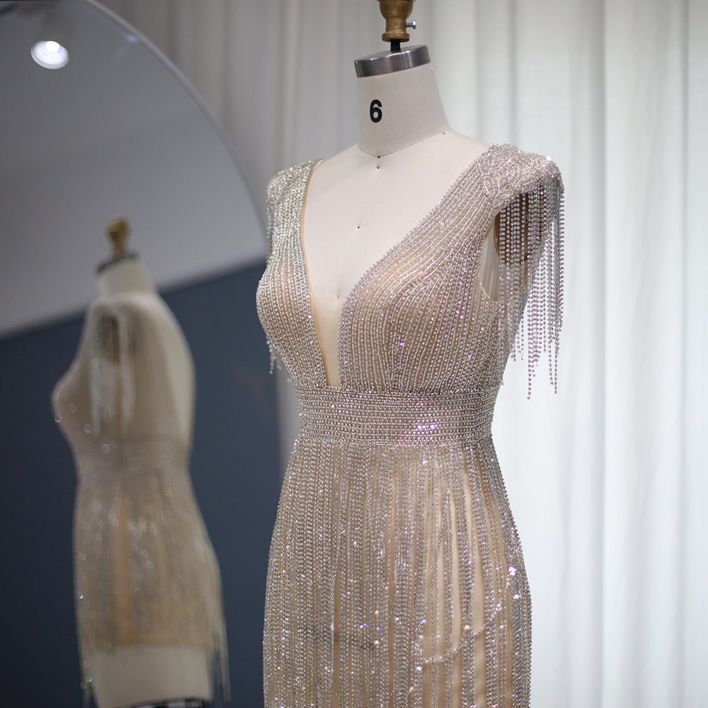 Luxury Beaded Tassel V-Neck Short Cocktail Dress RM043