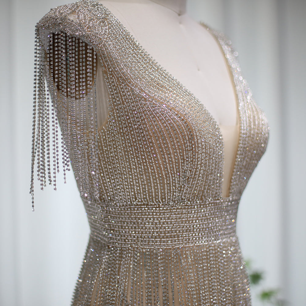 Luxury Beaded Tassel V-Neck Short Cocktail Dress RM043