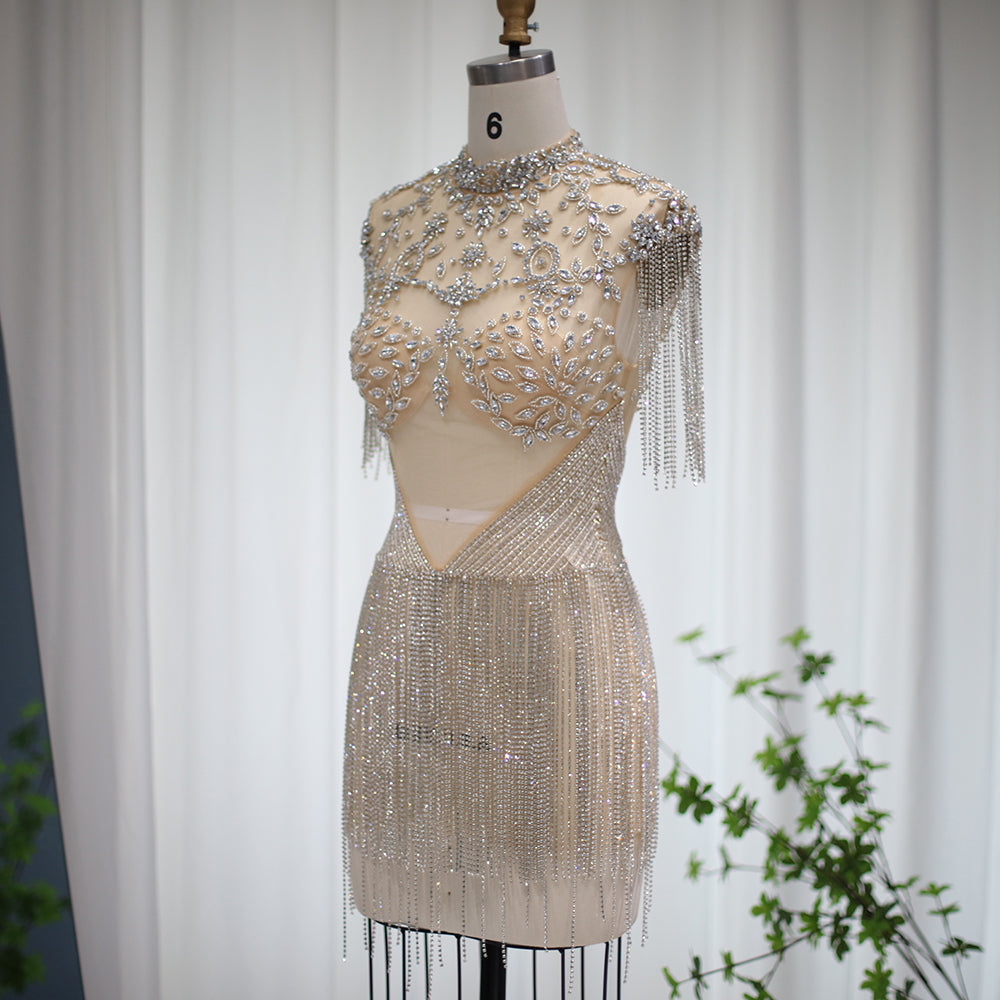 Luxury Crystal Tassels High-Neck Short Cocktail Dress RM113