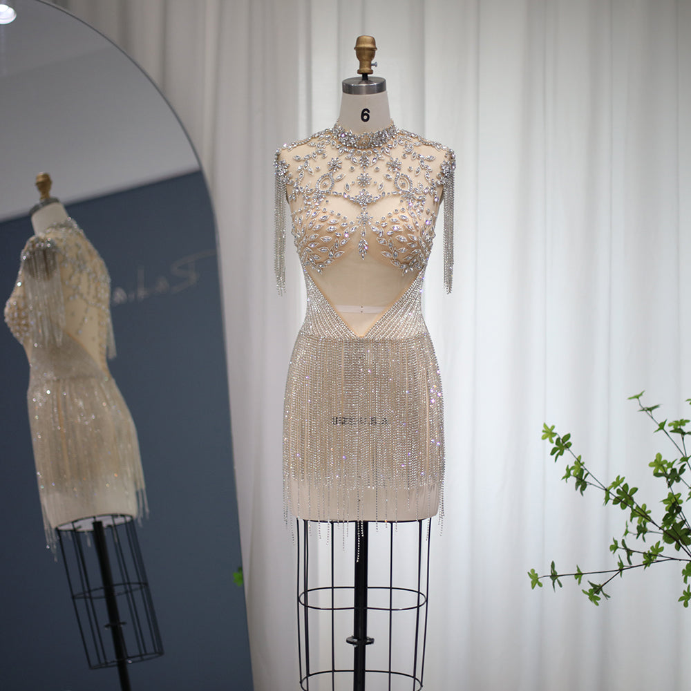 Luxury Crystal Tassels High-Neck Short Cocktail Dress RM113  Silver / US 16