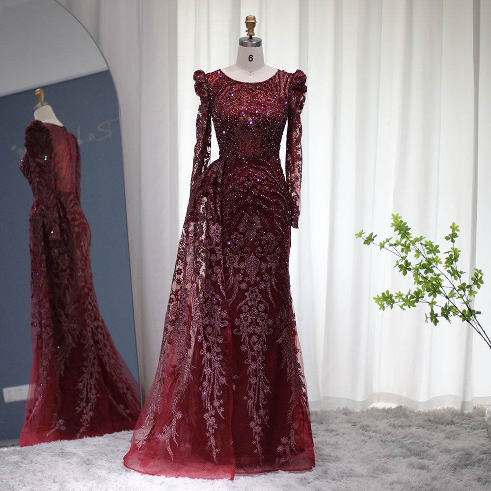 Luxury Burgundy Long Sleeves Evening Dress with Overskirt SS127  Burgundy / US 20