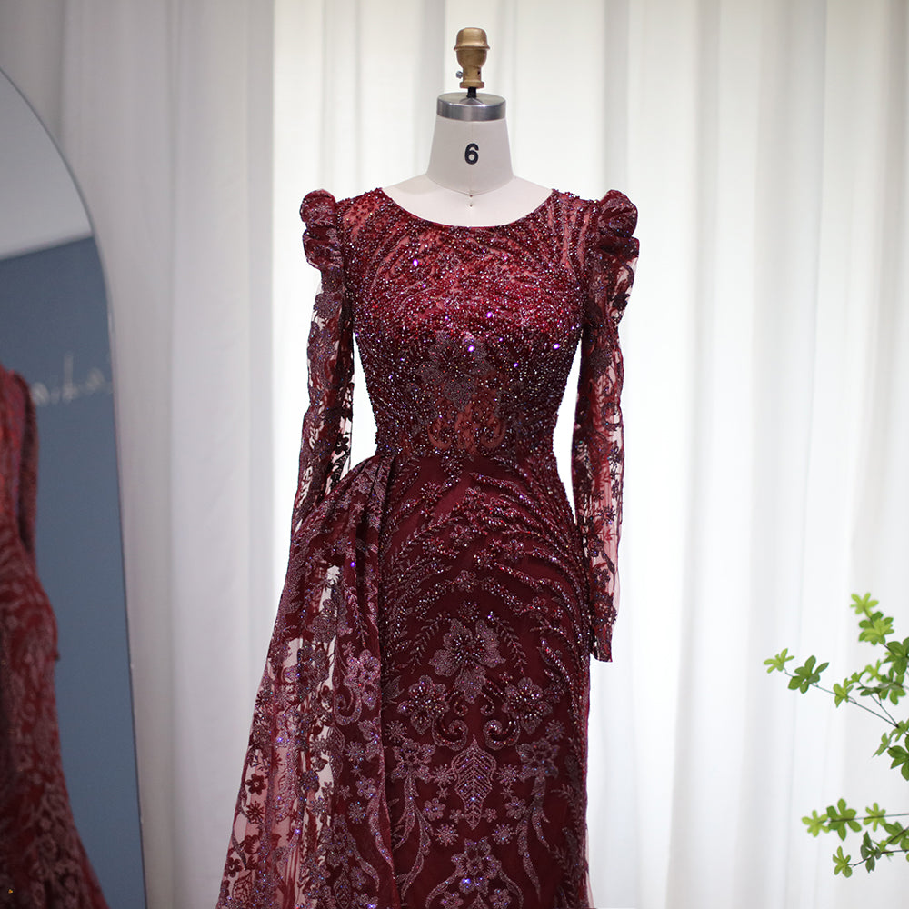 Luxury Burgundy Long Sleeves Evening Dress with Overskirt SS127