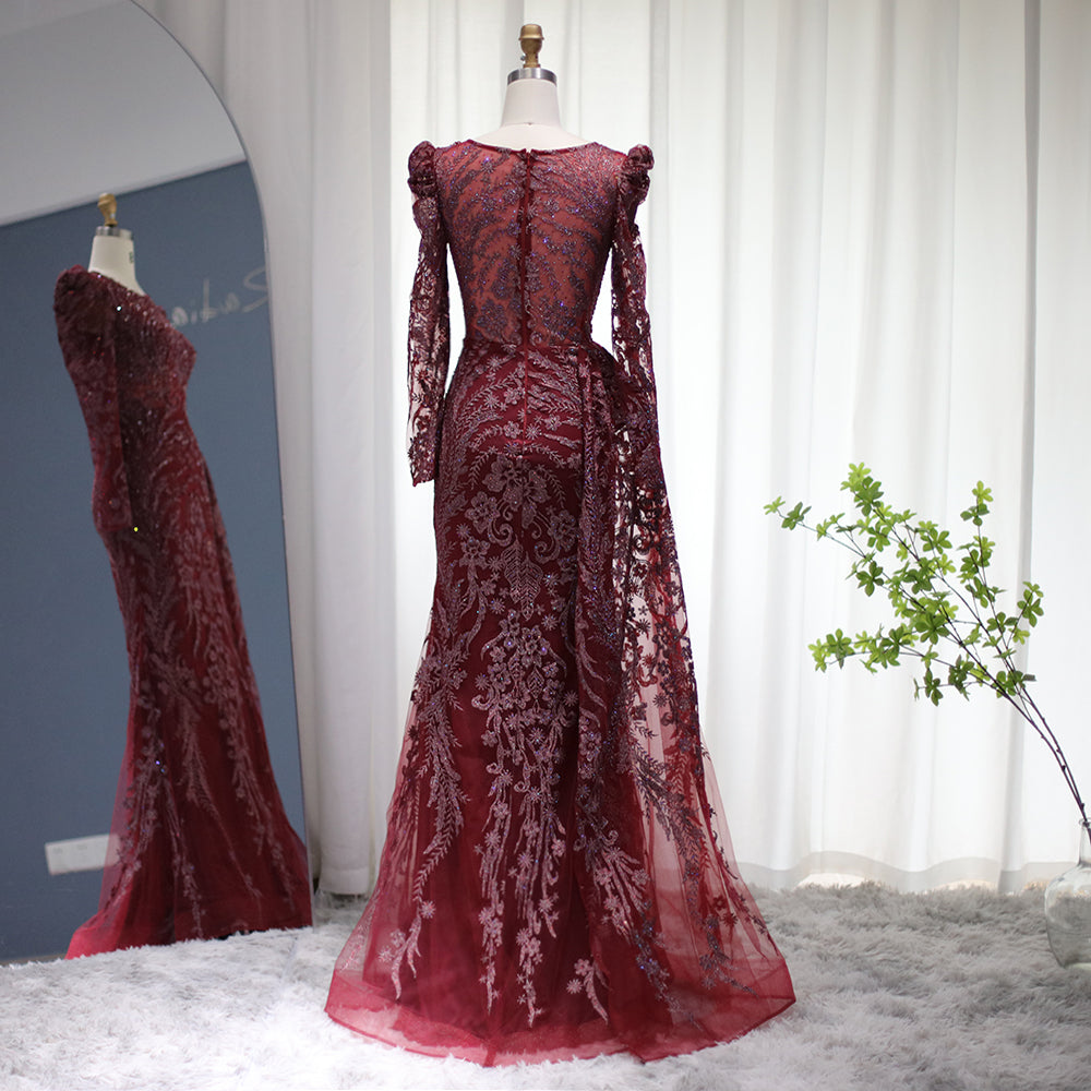 Luxury Burgundy Long Sleeves Evening Dress with Overskirt SS127