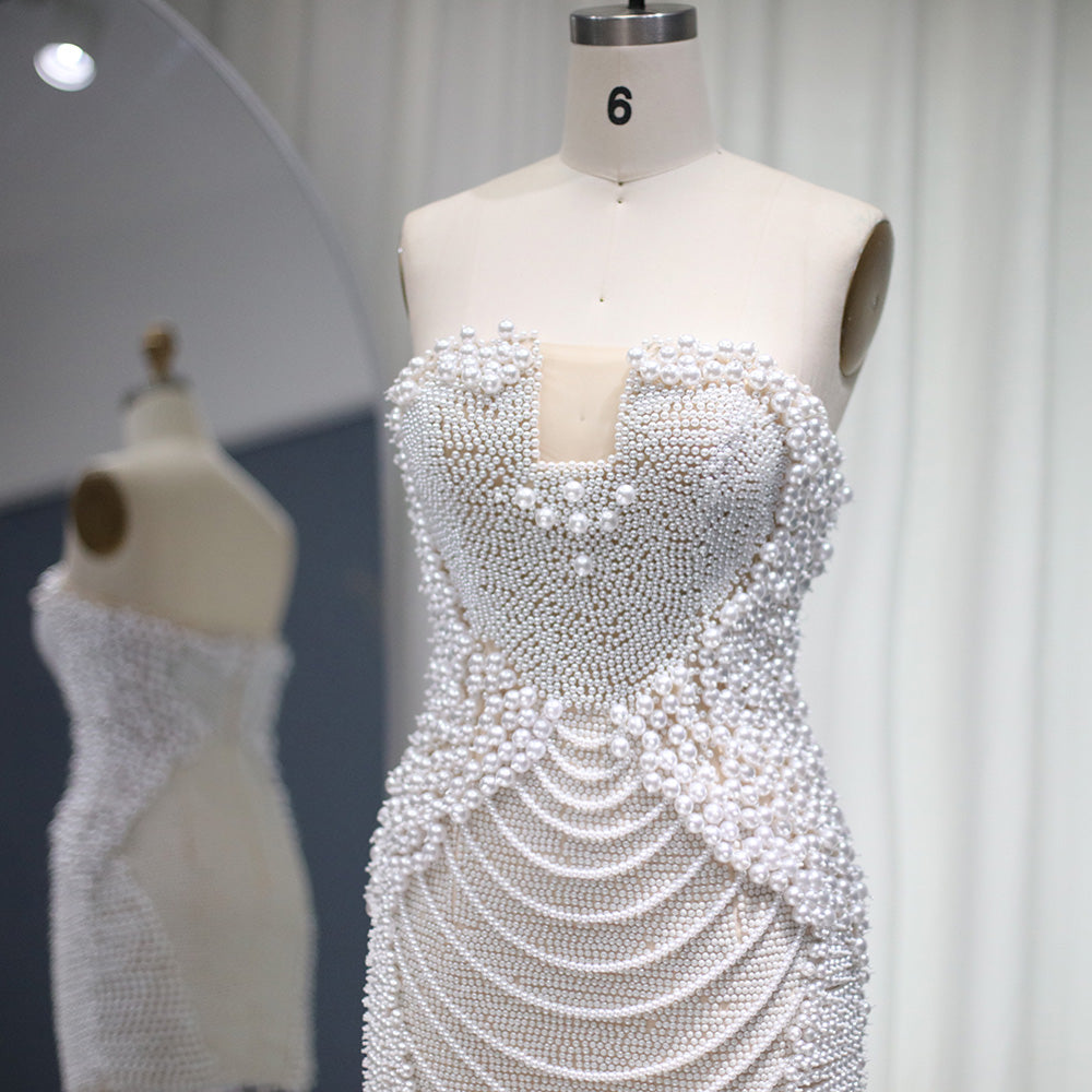 Luxury Pearls Tassels Strapless Cocktail Party Dress RM029