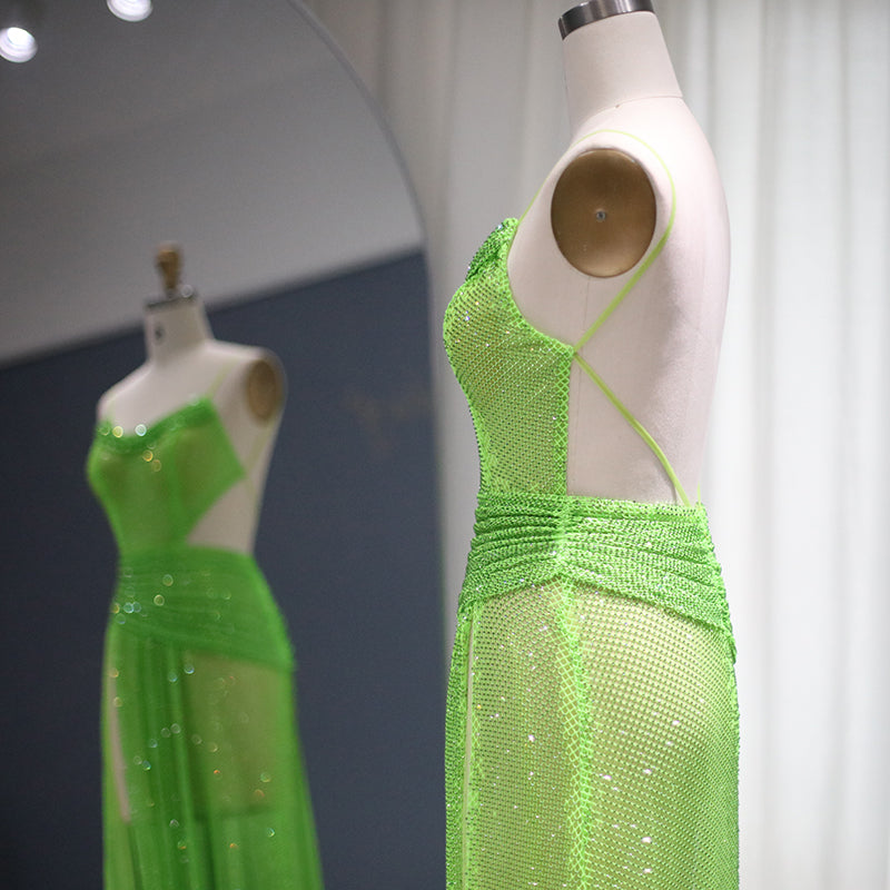 Neon Green Spaghetti High Slit Cocktail Party Dress RM025