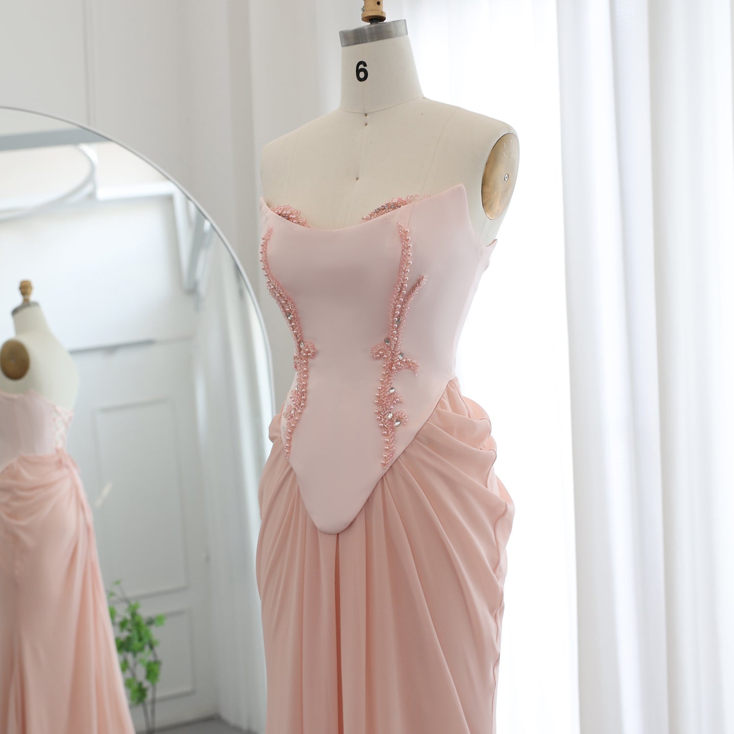 Pink Handmade Draped Strapless Chiffon Mermaid Evening Dress SF306