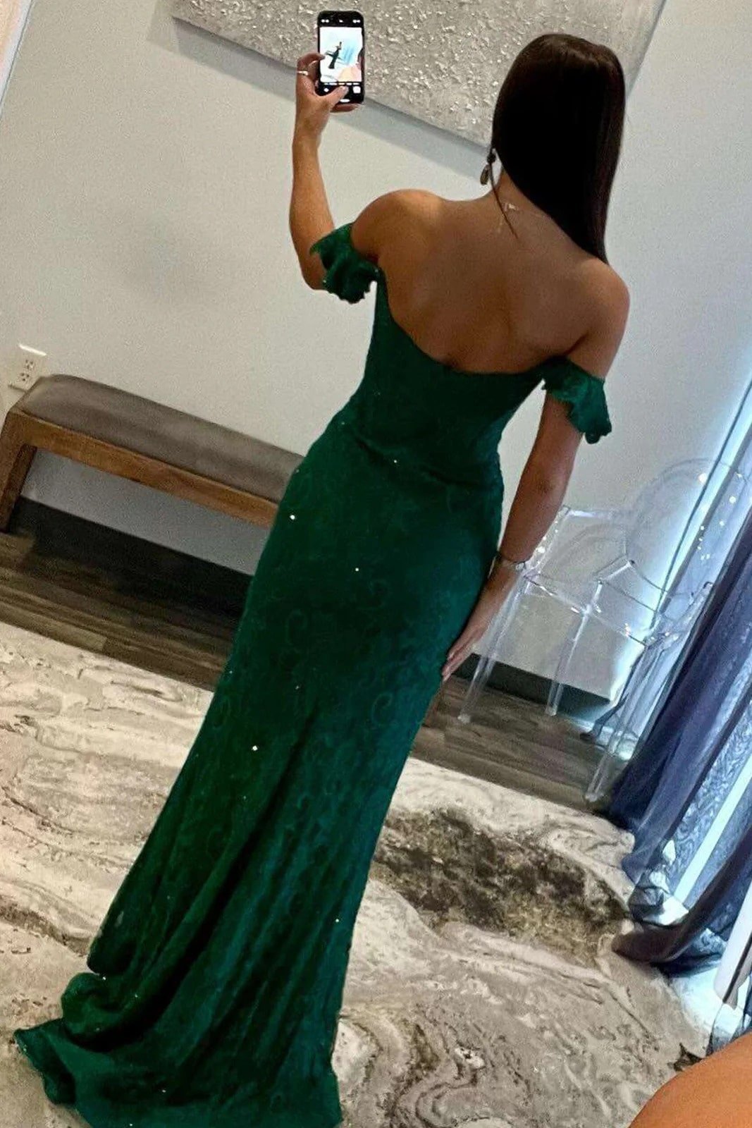 Trumpet/Mermaid Off-the-Shoulder Sleeveless Lace Long Prom Dresses Green Ball Gowns-777