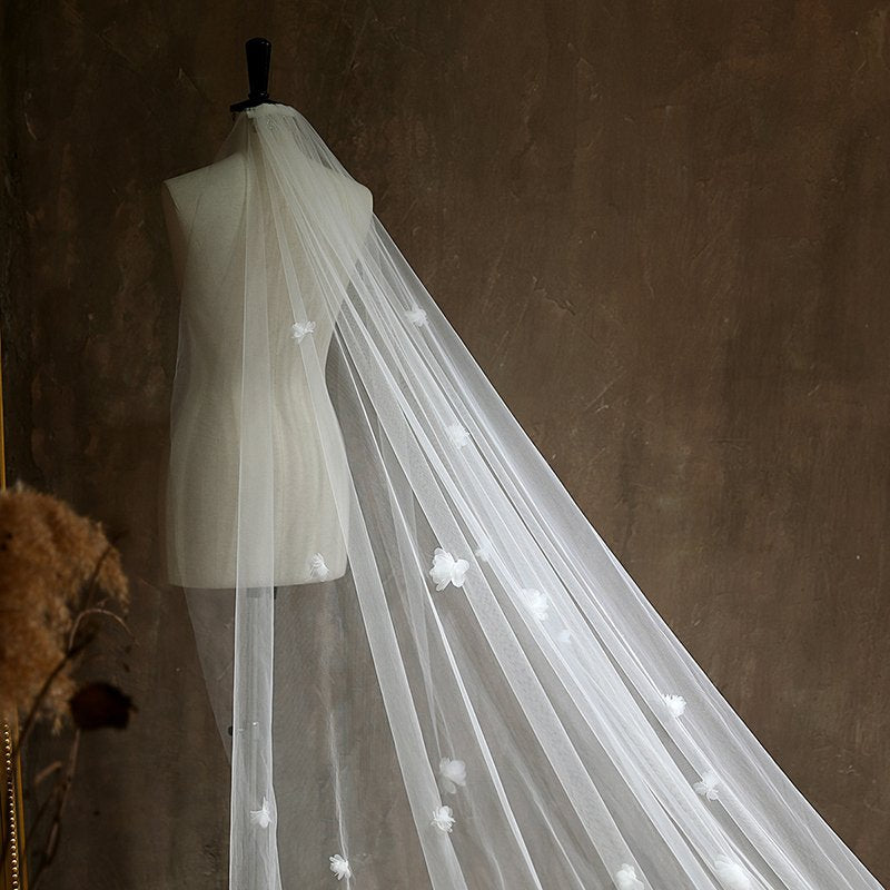 Floral Cut Edge Single Tier Tulle Bridal Cathedral Length Wedding Veils-834