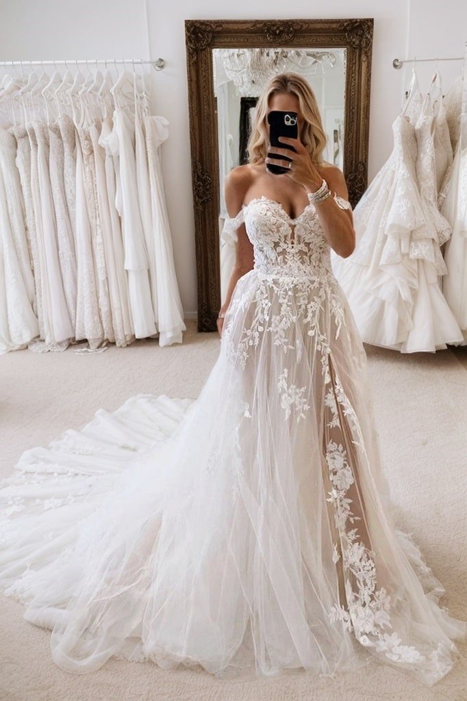 A-Line/Princess Tulle Applique Off-the-Shoulder Sleeveless Chapel Train Wedding Dresses-0