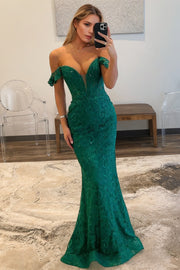 Trumpet/Mermaid Off-the-Shoulder Sleeveless Lace Long Prom Dresses Green Ball Gowns-0