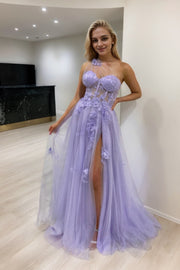 A-line One-Shoulder Sleeveless Long/Floor-Length Tulle Prom Dresses with Appliqued Split-0