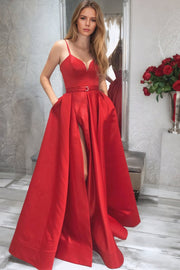 A-line Sleeveless V Neck Long/Floor-Length Satin Prom Dresses With Split Pockets-0