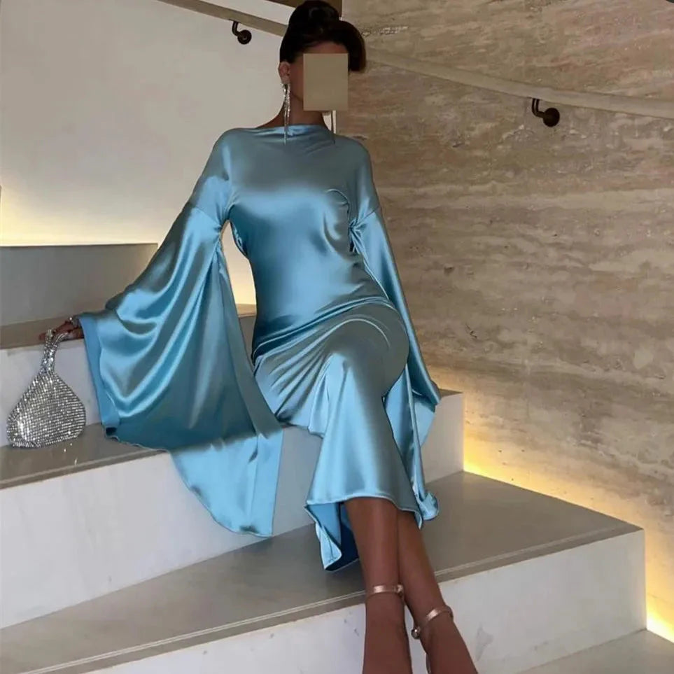 Light Blue Mermaid Evening Dress with Flare Long Sleeves SF027