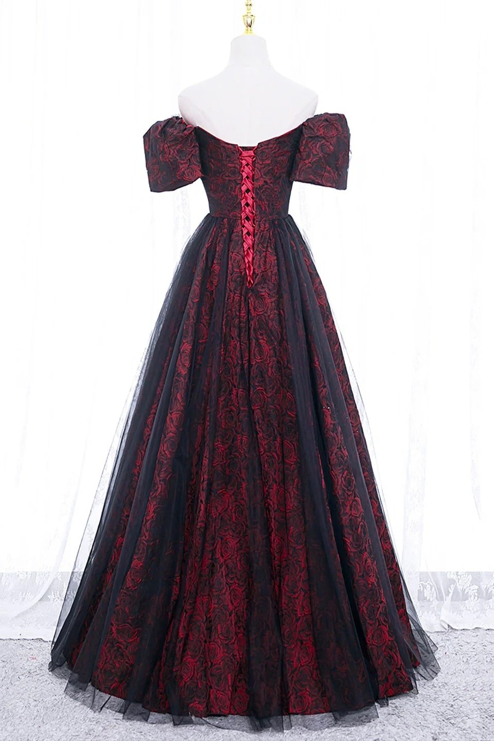 Black Tulle A-Line Prom Dress with Rose Print, Black Off Shoulder Formal Evening Dress