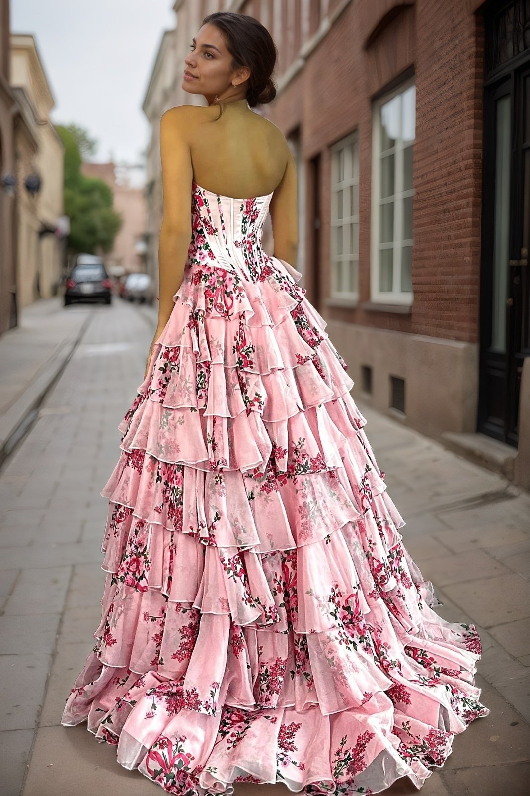 A-Line/Princess Floral Blush Tiered Chiffon Long Corset Prom Dress with Slit-917