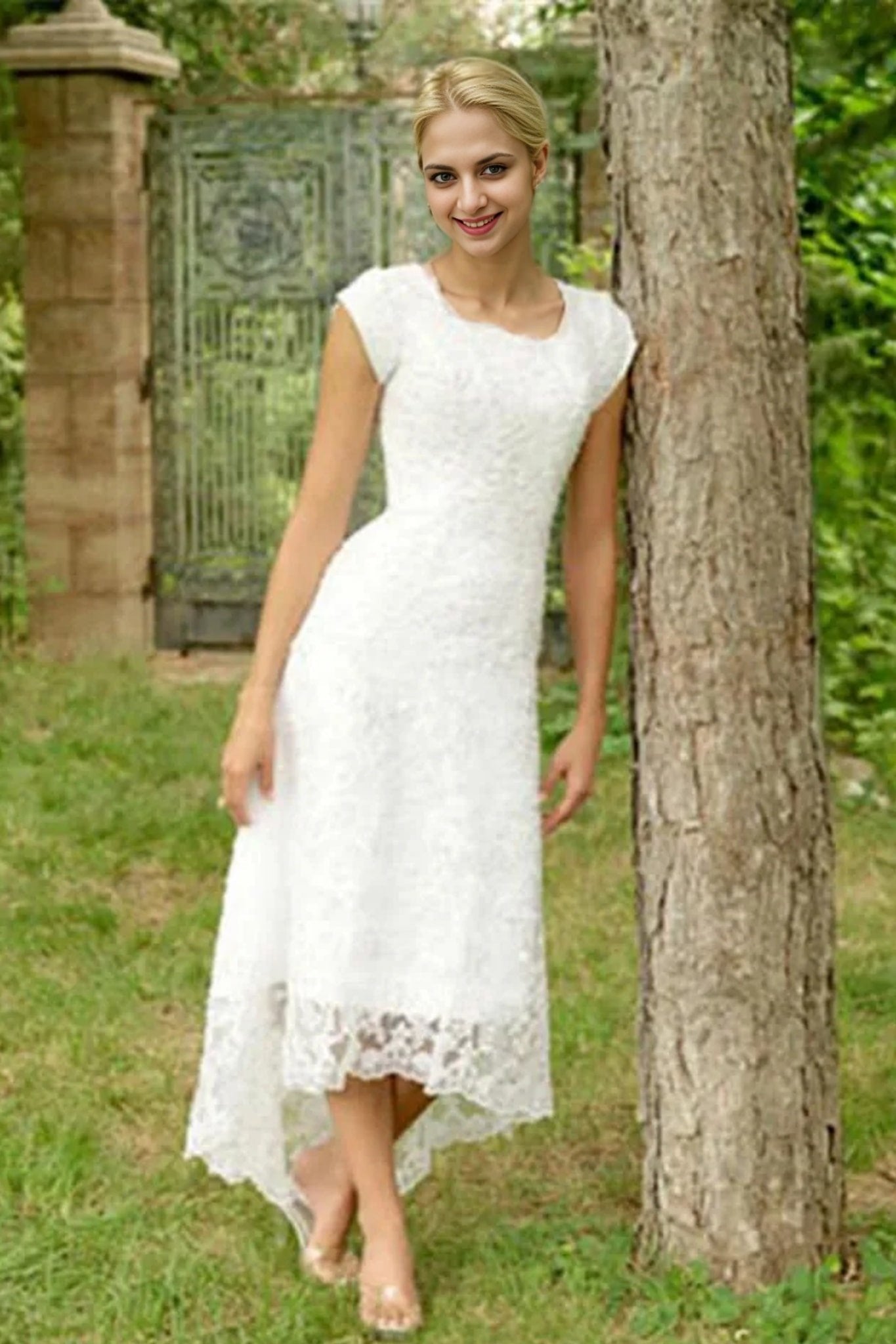 A-Line/Princess Lace Scoop Short Sleeves Asymmetrical Wedding Dresses-0