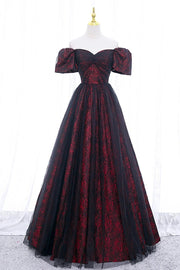 Black Tulle A-Line Prom Dress with Rose Print, Black Off Shoulder Formal Evening Dress