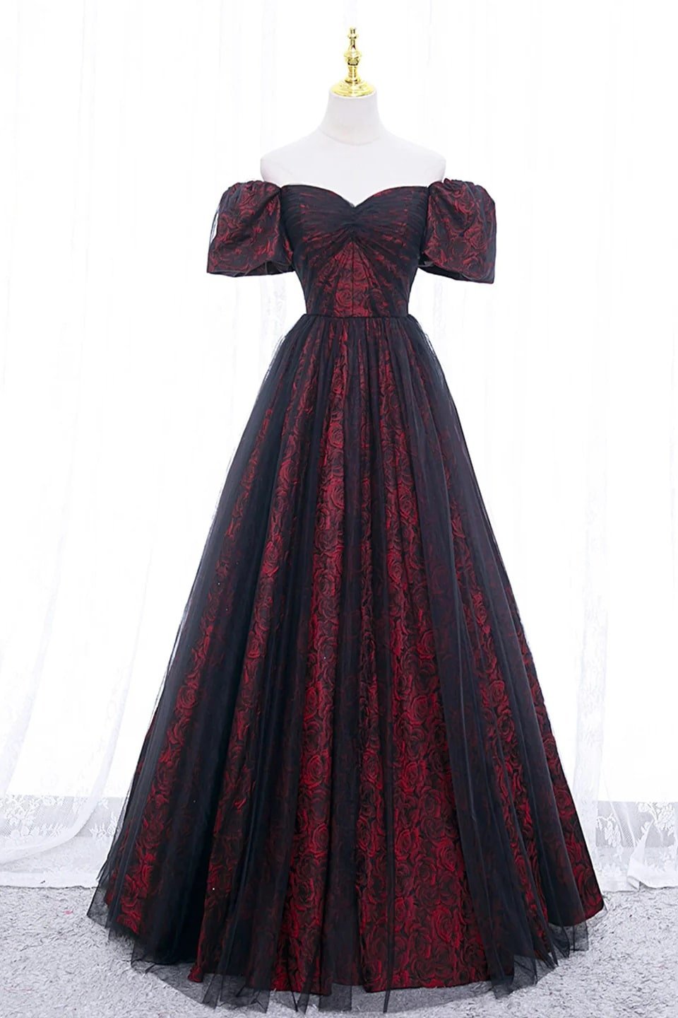 Black Tulle A-Line Prom Dress with Rose Print, Black Off Shoulder Formal Evening Dress