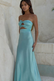 A-Line Silk Strapless Sleeveless Long Prom Dress Blue Prom Gown