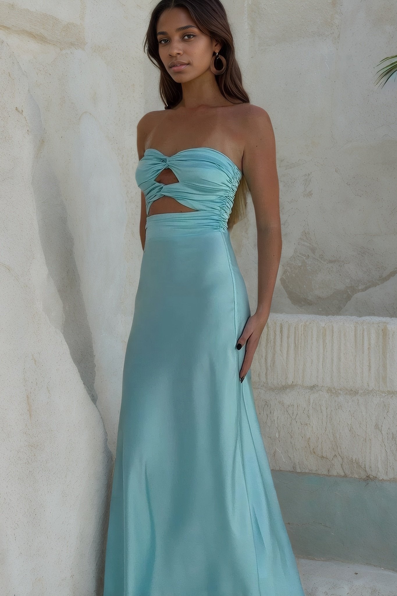 A-Line Silk Strapless Sleeveless Long Prom Dress Blue Prom Gown