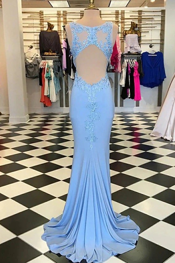 Trumpet/Mermaid Scalloped Neck Sleeveless Sweep Train Elastic Satin Blue Prom Dresses With Appliqued-796