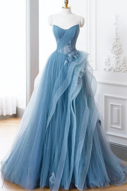 A-Line Blue Tulle Lace Long Formal Dress Off the Shoulder Formal Evening Dress