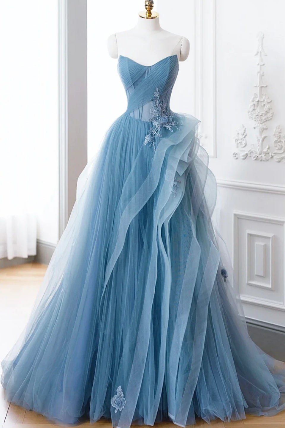 A-Line Blue Tulle Lace Long Formal Dress Off the Shoulder Formal Evening Dress