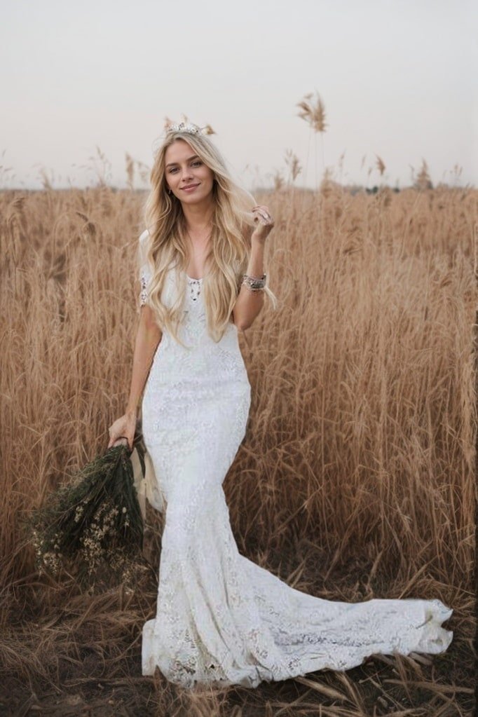 Trumpet/Mermaid Lace Applique Off-the-Shoulder Short Sleeves Court Train Wedding Dresses-677