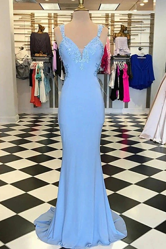 Trumpet/Mermaid Scalloped Neck Sleeveless Sweep Train Elastic Satin Blue Prom Dresses With Appliqued-0