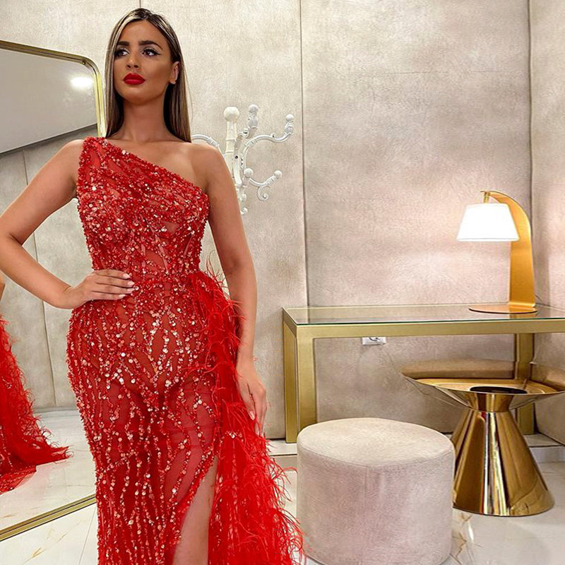 For Sale Luxury Feather One Shoulder Wine Red Mermaid Prom Evening Dress SS354L