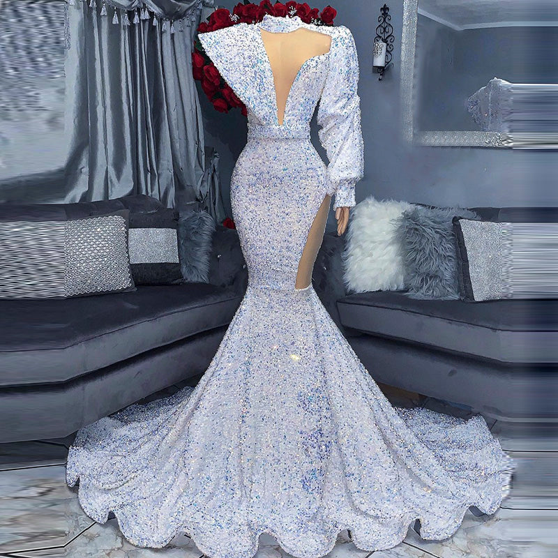 Luxury Beaded Mermaid Blue Prom Dress Long Train RM008  White / US 22