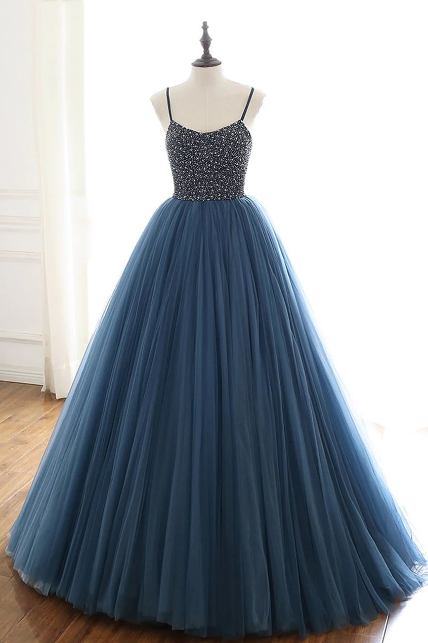 A-Line Tulle Halter Long Prom Dresses Halter Formal Evening Dresses with Beading