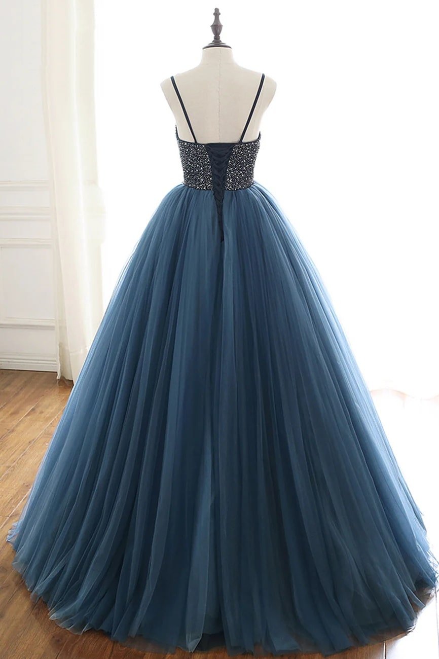 A-Line Tulle Halter Long Prom Dresses Halter Formal Evening Dresses with Beading