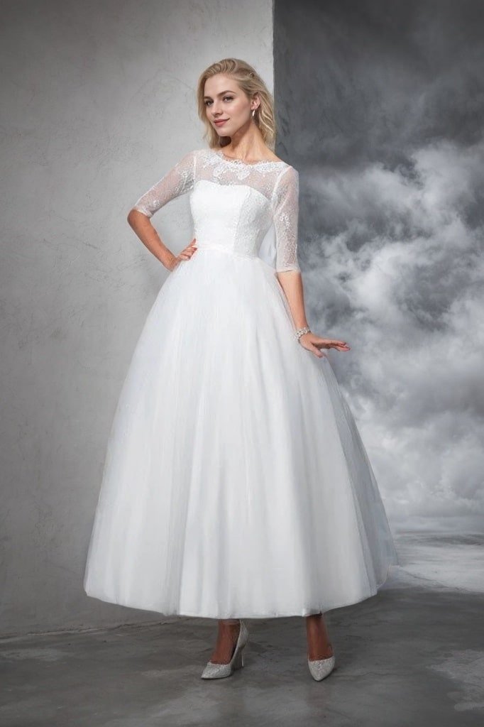Ball Gown Bateau Lace 1/2 Sleeves Long Net Wedding Dresses-0