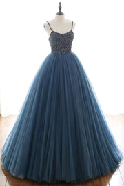 A-Line Tulle Halter Long Prom Dresses Halter Formal Evening Dresses with Beading