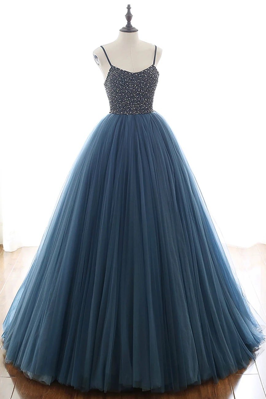 A-Line Tulle Halter Long Prom Dresses Halter Formal Evening Dresses with Beading