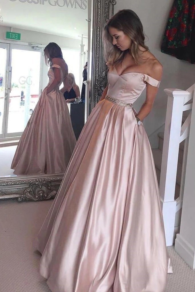 Satin Prom Dresses A-Line/Princess Off-The-Shoulder Long/Floor-Length With Beaded