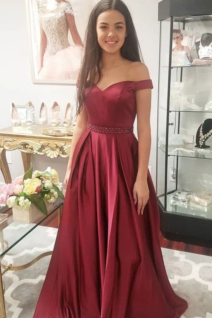 Satin Prom Dresses A-Line/Princess Off-The-Shoulder Long/Floor-Length With Beaded