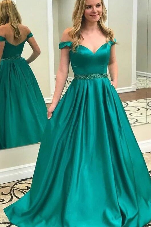 Satin Prom Dresses A-Line/Princess Off-The-Shoulder Long/Floor-Length With Beaded