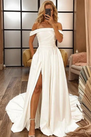 A-Line/Princess Stretch Crepe Ruched Off-the-Shoulder Sleeveless Sweep/Brush Train Wedding Dresses-0