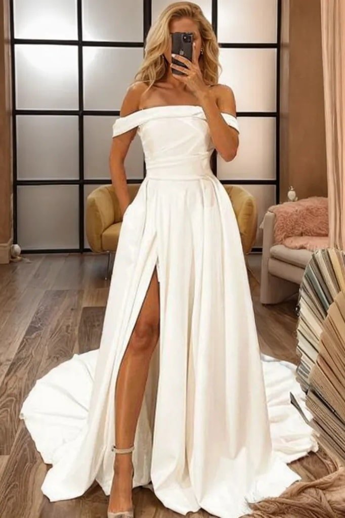 A-Line/Princess Stretch Crepe Ruched Off-the-Shoulder Sleeveless Sweep/Brush Train Wedding Dresses-0