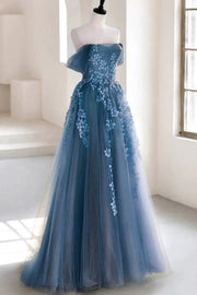 A-Line Tulle Lace Long Prom Dress Off the Shoulder Formal Evening Dress