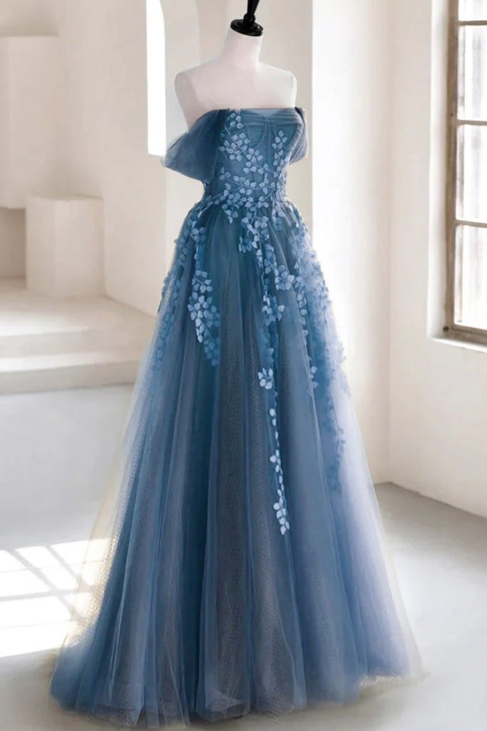 A-Line Tulle Lace Long Prom Dress Off the Shoulder Formal Evening Dress