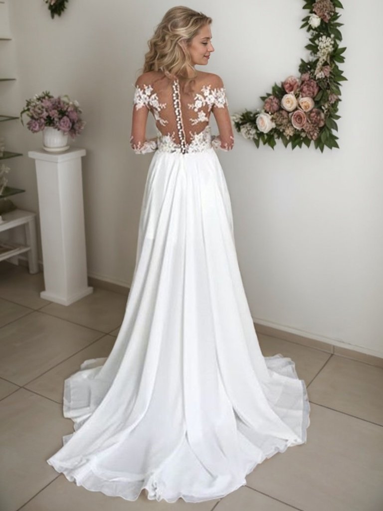 A-Line/Princess Chiffon Applique Scoop Long Sleeves Sweep/Brush Train Wedding Dresses-668