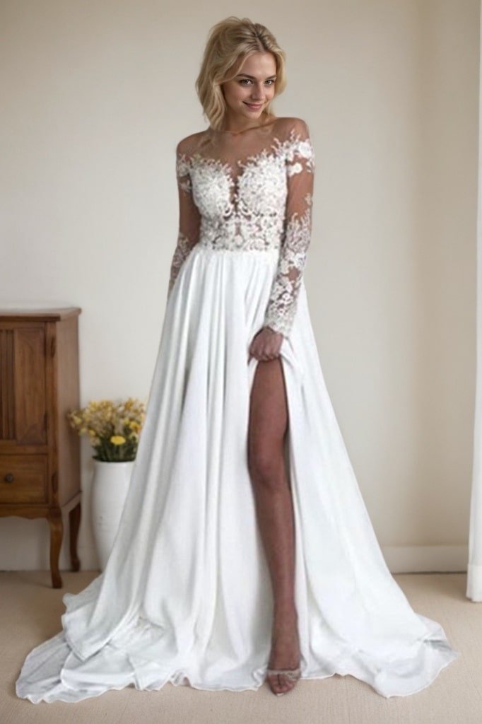 A-Line/Princess Chiffon Applique Scoop Long Sleeves Sweep/Brush Train Wedding Dresses-0