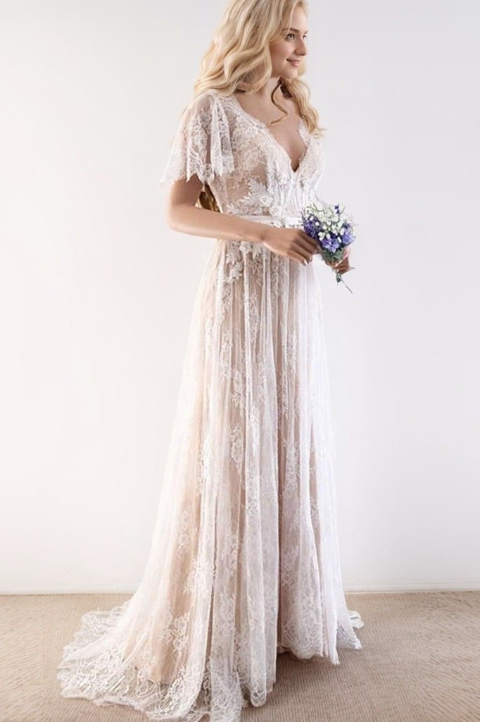 A-Line/Princess Lace Sash/Ribbon/Belt V-neck Short Sleeves Sweep/Brush Train Wedding Dresses-0